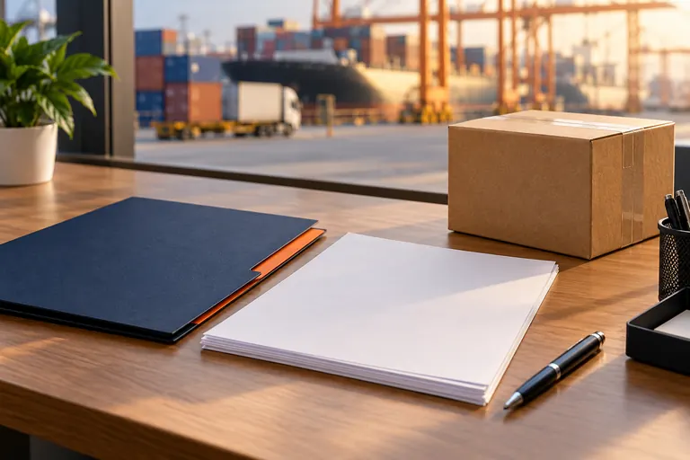 Documentos sin texto y una carpeta junto a una caja cerrada.